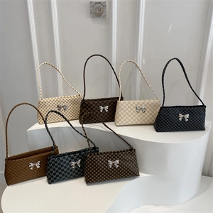 Chic women's underarm bags with checkered patterns and silver metal bow accents