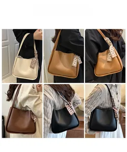 Collage of model wearing large leather tote bag with scarf detail in four various colors