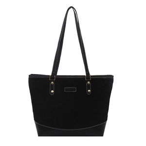 Large capacity black tote bag with suede patchwork and gold rivet details for women