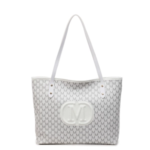 Classic white tote bag with grey M monogram pattern and large embossed logo on center