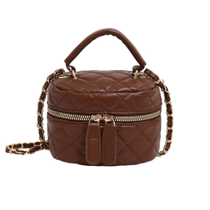 Classic dark brown quilted leather crossbody box bag with gold chain and top handle