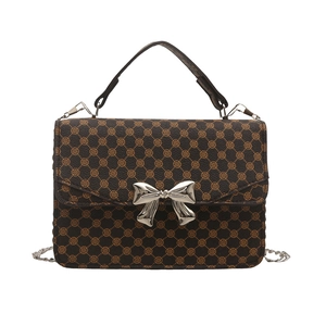 Fashionable brown floral crossbody bag with silver bow buckle and chain strap