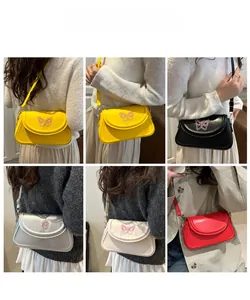 Collage of model wearing butterfly embroidery small square bags in five different colors