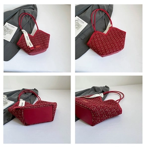 Multi-angle views of red tweed tote bag with leather trim and silk scarf detail