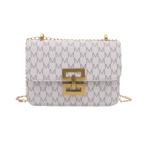 Retro light gray crossbody bag with M-letter monogram and gold chain strap for women