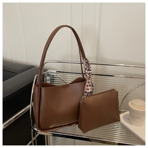 Brown soft leather tote bag set with matching pouch and stylish checkered scarf detail