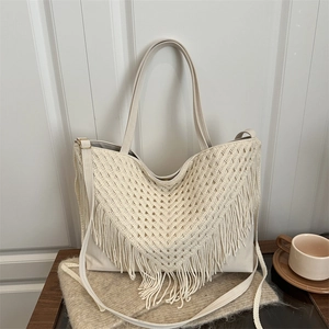 Bohemian Crochet Fringed Tote Bag For Women Vintage Large Capacity Shoulder Bag With Tassel Leopard Print Handmade Woven Bag
