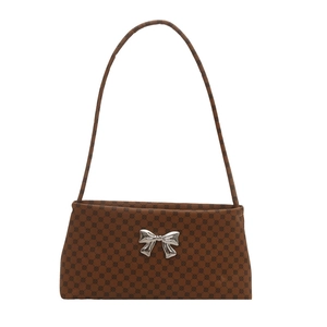 Vintage brown shoulder bag with pattern print and silver metal bow decoration