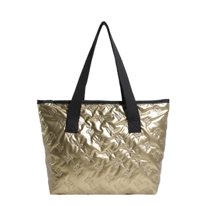 Metallic gold tote bag with embossed butterfly pattern and black wide top handles