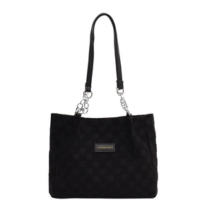 Black checkered tote bag with large capacity, fashion letter tag and metal chain strap