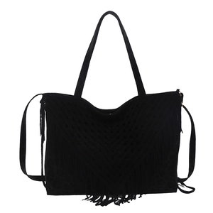 Retro black fringe tote bag with hollow woven v-pattern and suede bohemian texture