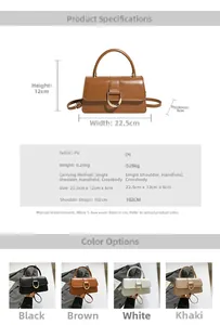 Detailed size specifications for the brown square crossbody bag with gold D-ring hardware