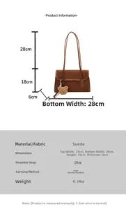 Brown suede shoulder bag dimensions showing 28cm width and cute bear keychain detail