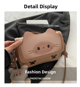 Detail display of the cat-themed crossbody bag with pink flap and cute cat face print