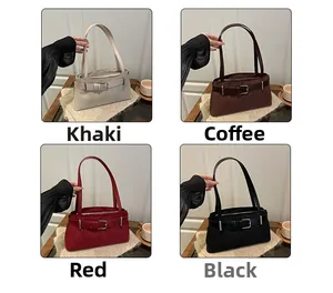 Detail showing high-quality leather underarm bags in khaki, coffee, red, and black colors