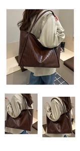 Detailed views of dark brown croc-effect tote bag with glossy finish and long strap