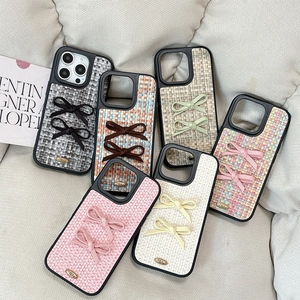 Shockproof Phone Case Tweed Fabric Double Bowknot Metal Tag Elegant Sweet Style For iPhone