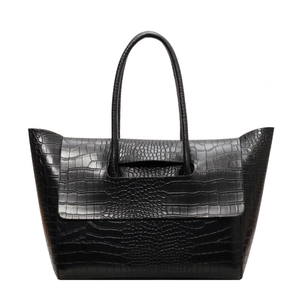 Borsa tote nera in pelle goffrata coccodrillo con manici lunghi e patta