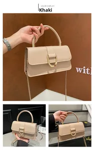 Detail der khakifarbenen Lederhandtasche mit goldener U-Schnalle in mehreren Ansichten