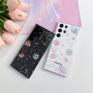 Detail of glitter galaxy phone case with stars and planet prints for Samsung S25 Ultra