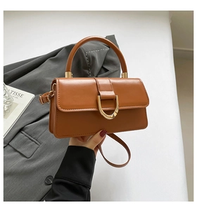 Detail einer braunen Lederhandtasche mit einer großen goldenen Hufeisen-Metallschnalle
