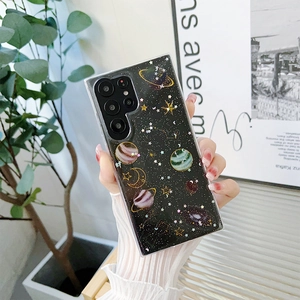 Close-up of glittery starry night phone case for Samsung S25 Ultra with planet patterns