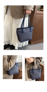 Three-way split view of a navy blue tote with Y-pattern print shown on a model outfit