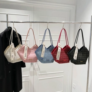 Women Tweed Tote Bag V Shaped Opening Plaid Contrast Color Shoulder Bag Elegant Commuter Handbag Ribbon Decor Gift