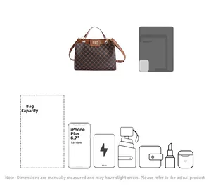 Capacity guide for brown geometric pattern bag showing space for tablet and smartphone
