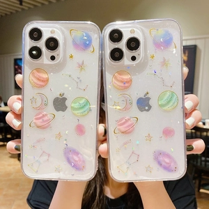 Detail of glitter starry sky case with planet patterns for iPhone 17 Pro Max