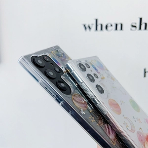 Detail of glitter starry sky case showing raised camera protection for Samsung Galaxy