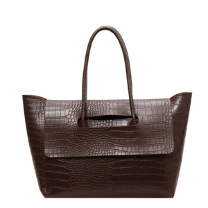 Brown crocodile embossed large tote bag with top handles for professional commute