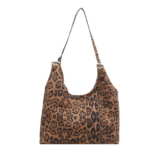 Chic leopard print shoulder tote bag with a spacious curved silhouette and wide strap