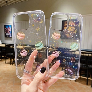 Transparent glitter phone case with starry sky and planet pattern for iPhone series