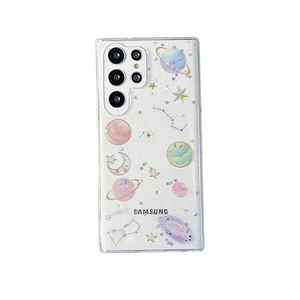 Sparkly starry sky transparent case for Samsung Galaxy S25 Ultra with planet patterns