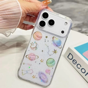 Close-up of clear glitter phone case with colorful planet and star patterns on iPhone