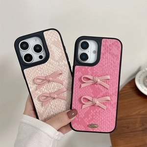 Snake skin pattern iPhone case with 3D bows in pink and rose tones, luxury design