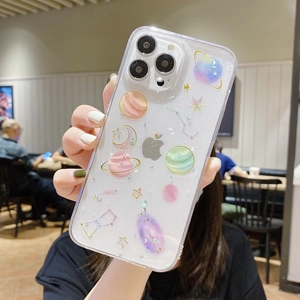 Clear glitter star sky phone case for iPhone 17 Pro Max with colorful cosmic planet design