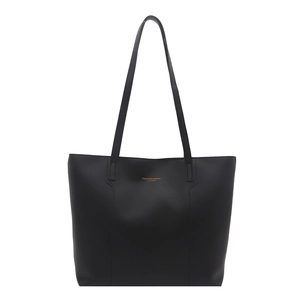 Fashionable black leather tote bag with gold lettering and long shoulder straps for women