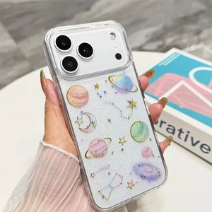 Detail of transparent phone case with glitter stars and colorful planets for iPhone 17 Pro Max