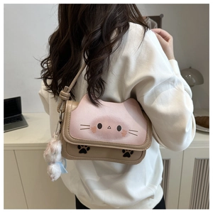 Sac à bandoulière chat rose et beige avec des oreilles mignonnes et un pendentif peluche