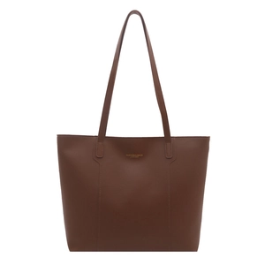 Large dark brown leather tote bag with gold lettering shown on a clean white background
