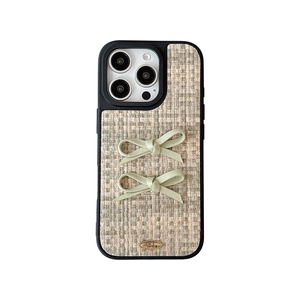 Green leather phone case with woven texture and bowknots for iPhone 16 Pro Max