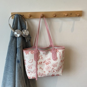 Women Large Capacity PU Leather Tote Bag Street Graffiti Print Shoulder Bag With Cute Plush Bunny Pendant Underarm Handbag