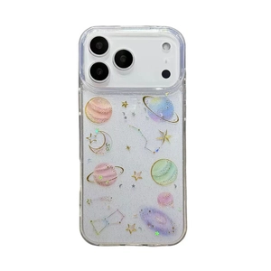 Sparkly clear glitter iPhone case with colorful star and moon planet galaxy pattern