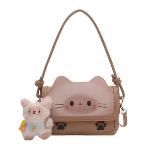 Sac à main chat mignon en marron et beige avec un joli pendentif ours en peluche