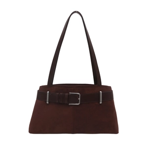 Minimalist dark brown matte suede underarm bag with decorative metal buckle and straps