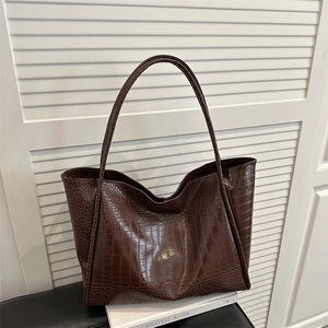 Brown crocodile-embossed leather tote bag for women with large capacity minimalist design