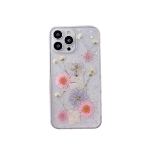 Coque transparente en résine avec fleurs séchées roses et paillettes pour iPhone