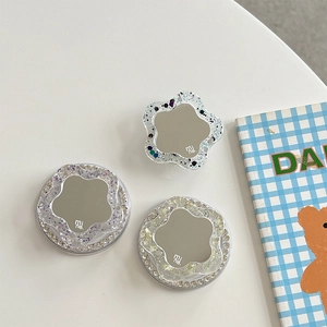 Sparkly rhinestone magnetic phone socket grip with flower glitter and vanity mirror